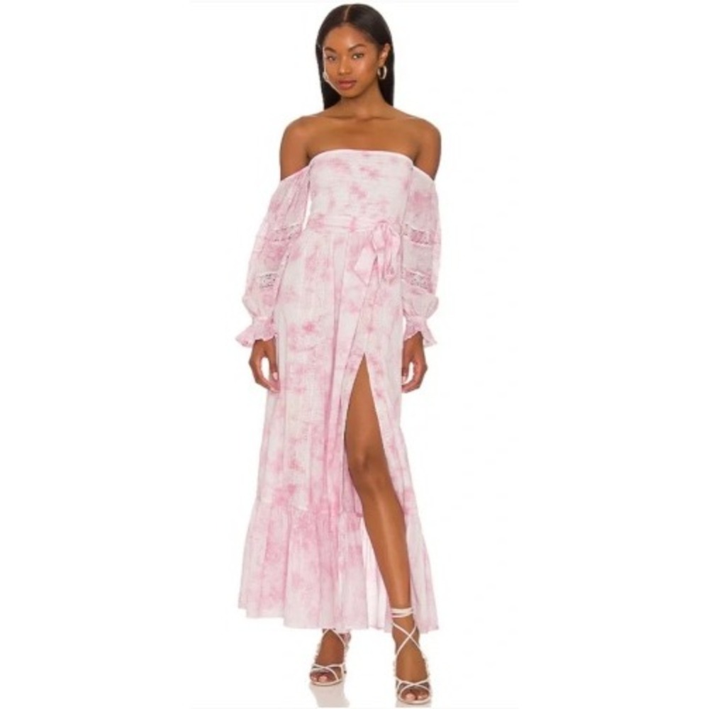 Tularosa Morgan Maxi Dress Pink Tie Dye Cotton Eyelet Lace Trim Off Shoulder XS